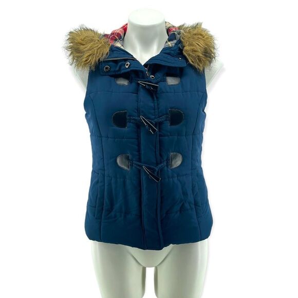 Love Tree Women’s Navy Blue Full Zip Faux Fur Trim Hooded Puffer Vest Small - Picture 2 of 15